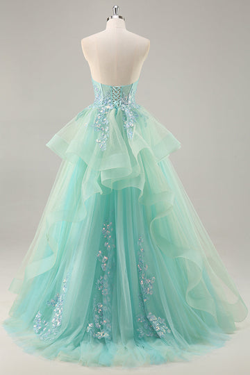 Sparkly Green Corset Ruffled Strapless Long Formal Dress